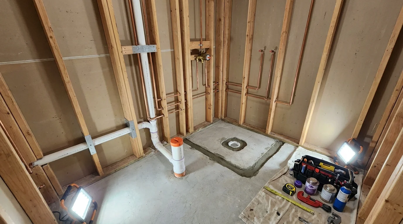 Bathroom rough-in plumbing during remodel by Johns Plumbing LLC in Rogers City