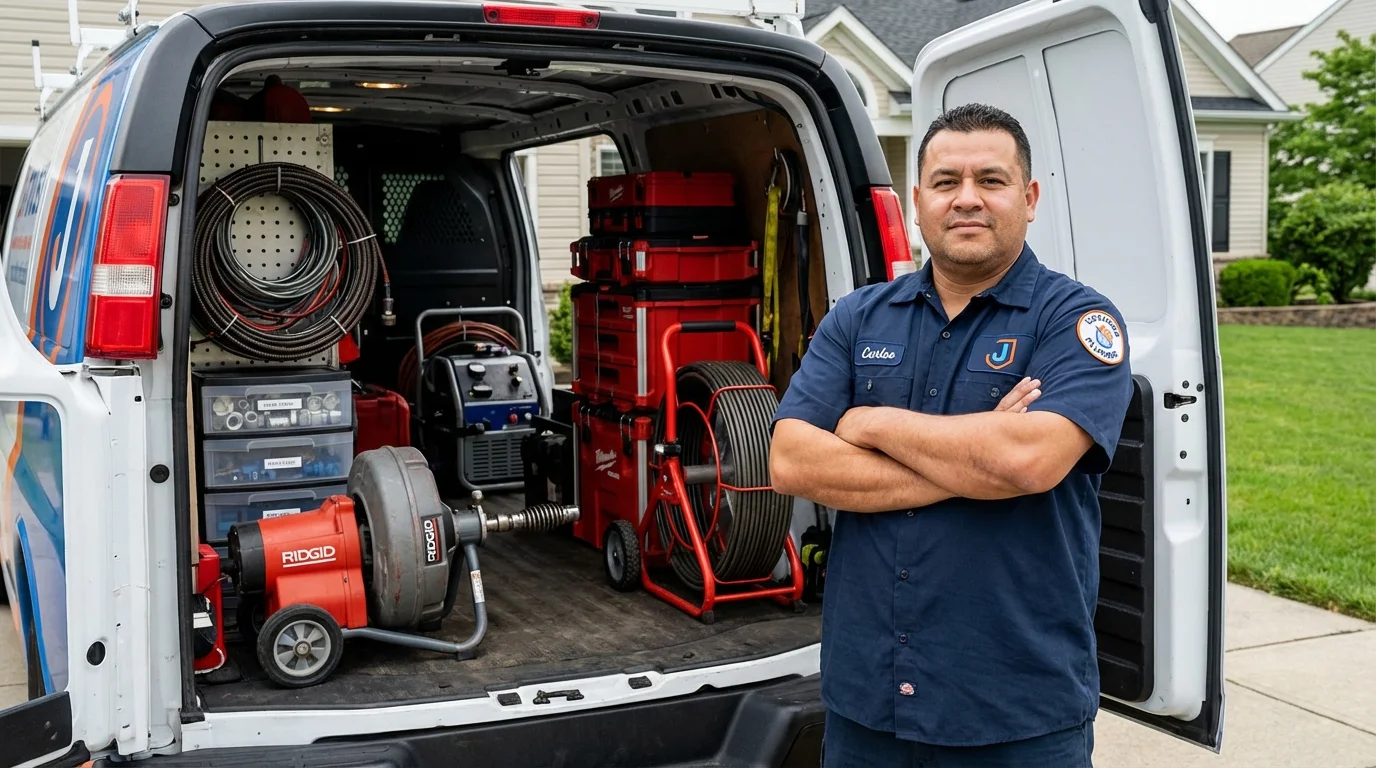 Professional drain cleaning equipment and Johns Plumbing LLC plumber in Rogers City