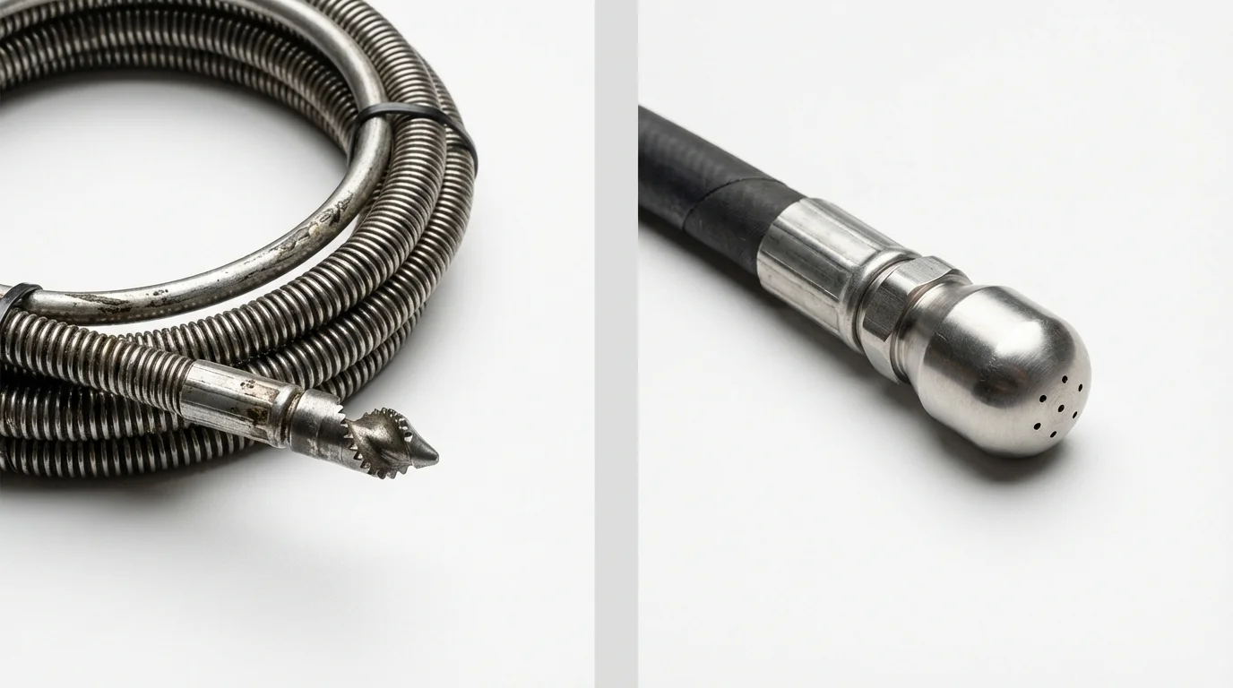 Drain snake cable and hydro jetting nozzle used for drain cleaning in Rogers City, MI