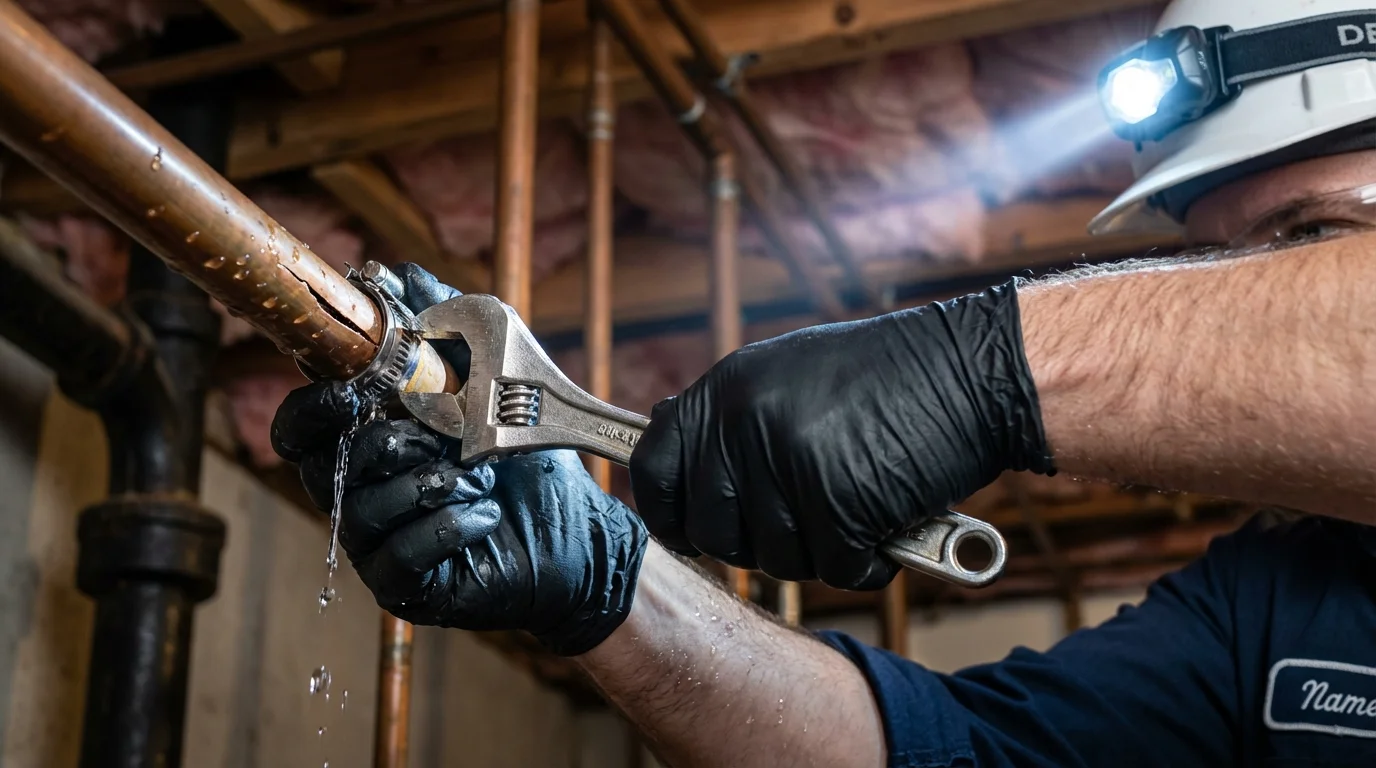 Emergency pipe clamp repair being performed by a Johns Plumbing LLC plumber in Rogers City