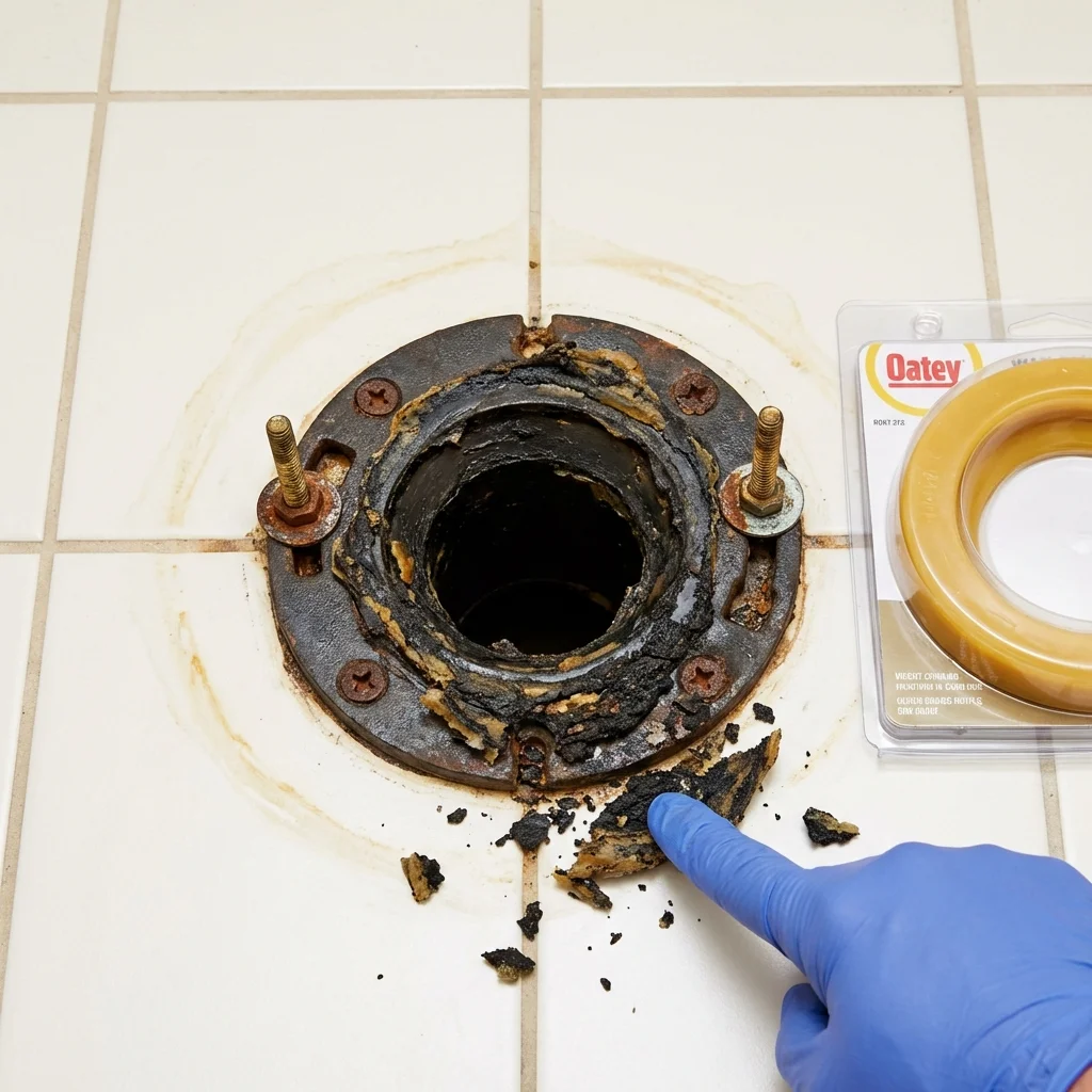 Failed wax ring showing water seepage at the base of a toilet in a Rogers City, MI home
