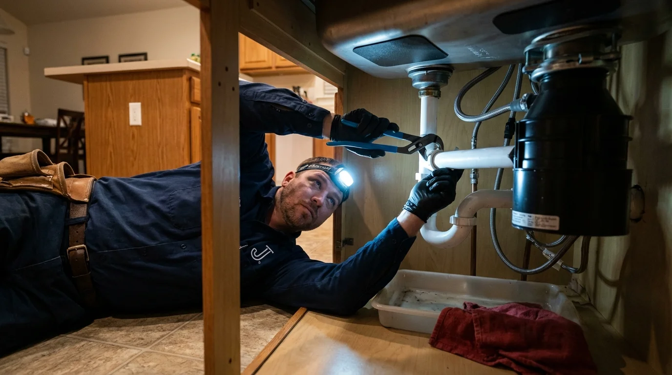 P-trap and supply line connections under a kitchen sink showing a common leak point in Rogers City, MI